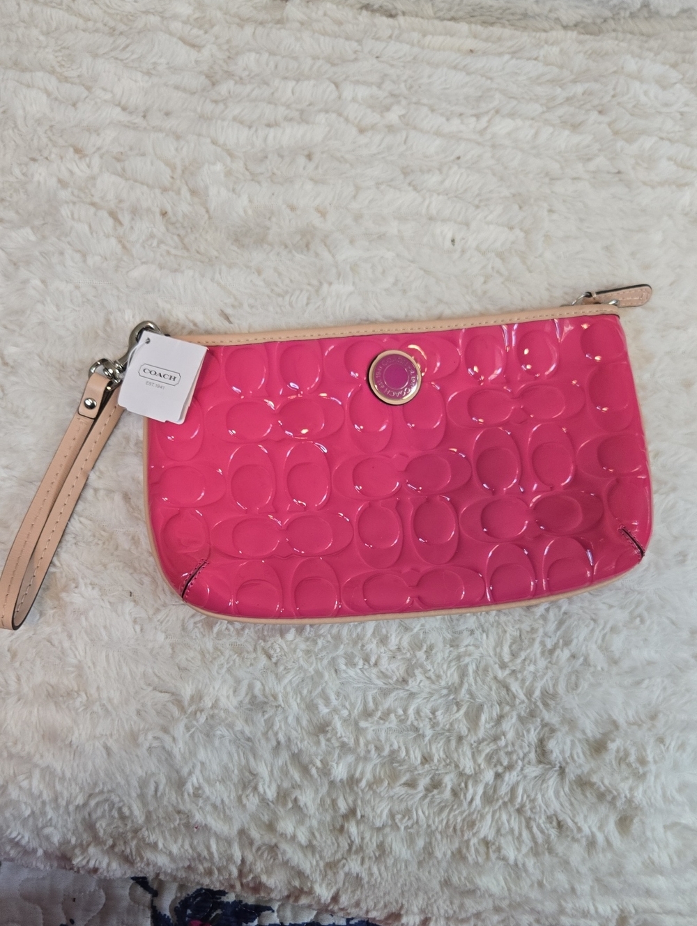 Coach Hot Pink Patent Wristlet with Tan Strap